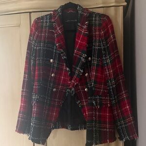 Zara Red Tweed Blazer Jacket